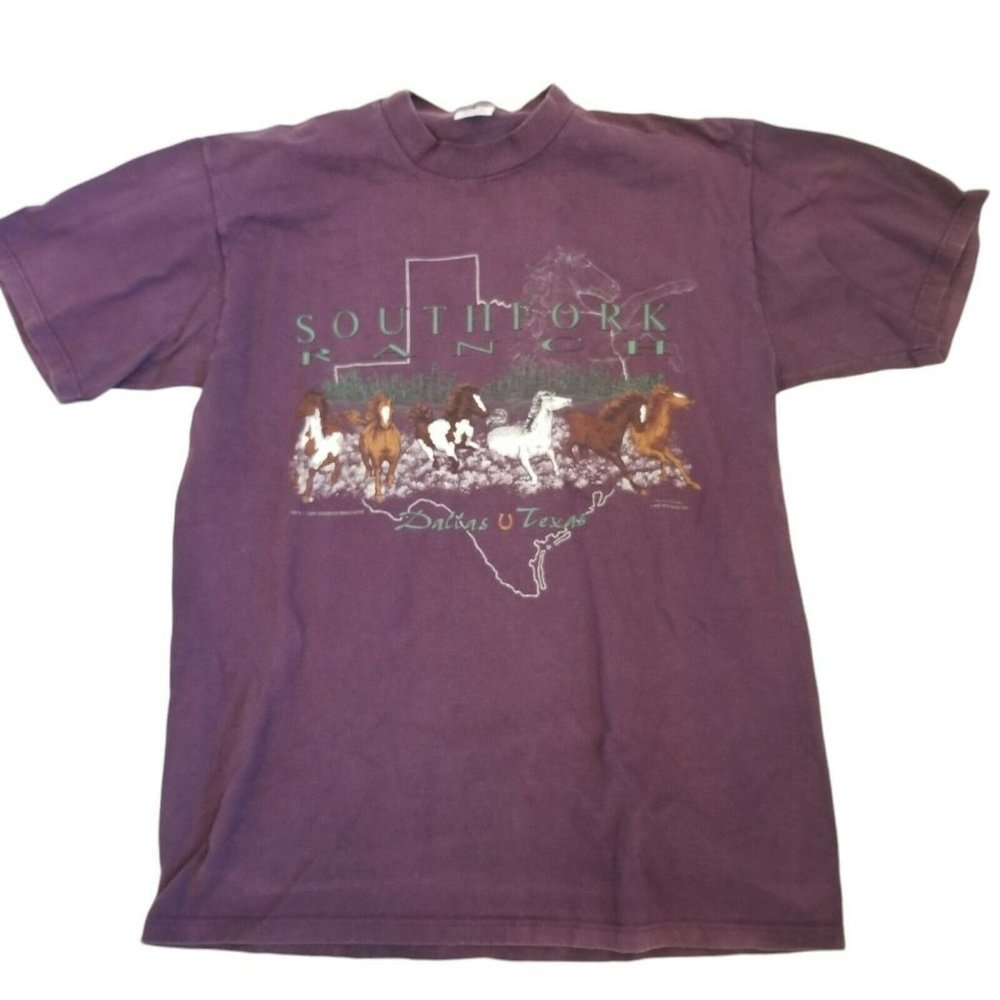 Vintage 90s Horses Dallas Texas Purple T-Shirt South Fork Ranch Show Crewneck LG